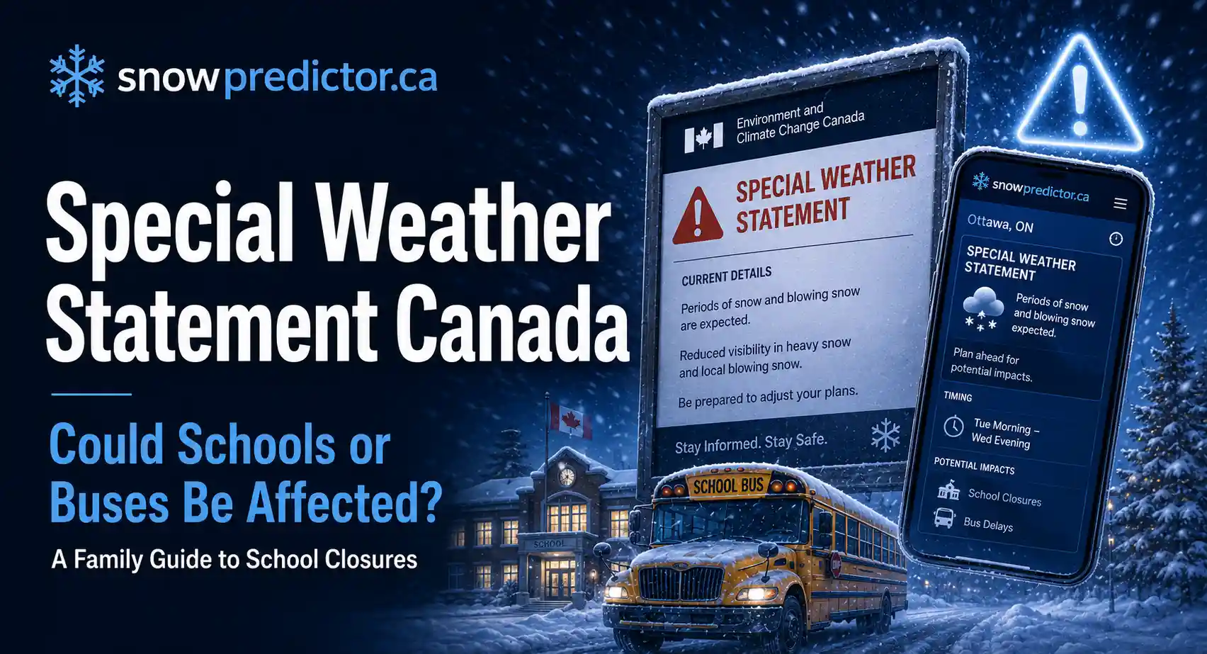 Special Weather Statement Canada with a school bus, snowy school, weather alert notice, and winter conditions that may affect school closures and buses.