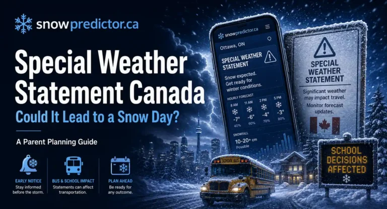 Special Weather Statement in Canada with snowy roads, school bus, weather alert notice, and possible school closure and snow day conditions.