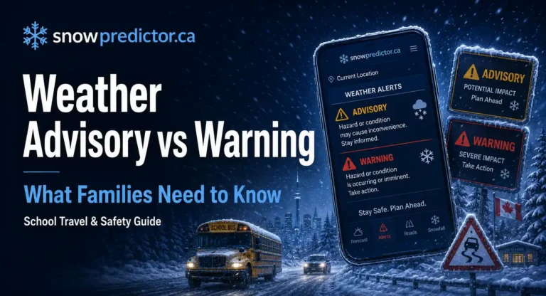 Weather advisory vs warning in Canada with school bus, winter road conditions, weather alert signs, and a mobile weather alert screen for family safety planning.