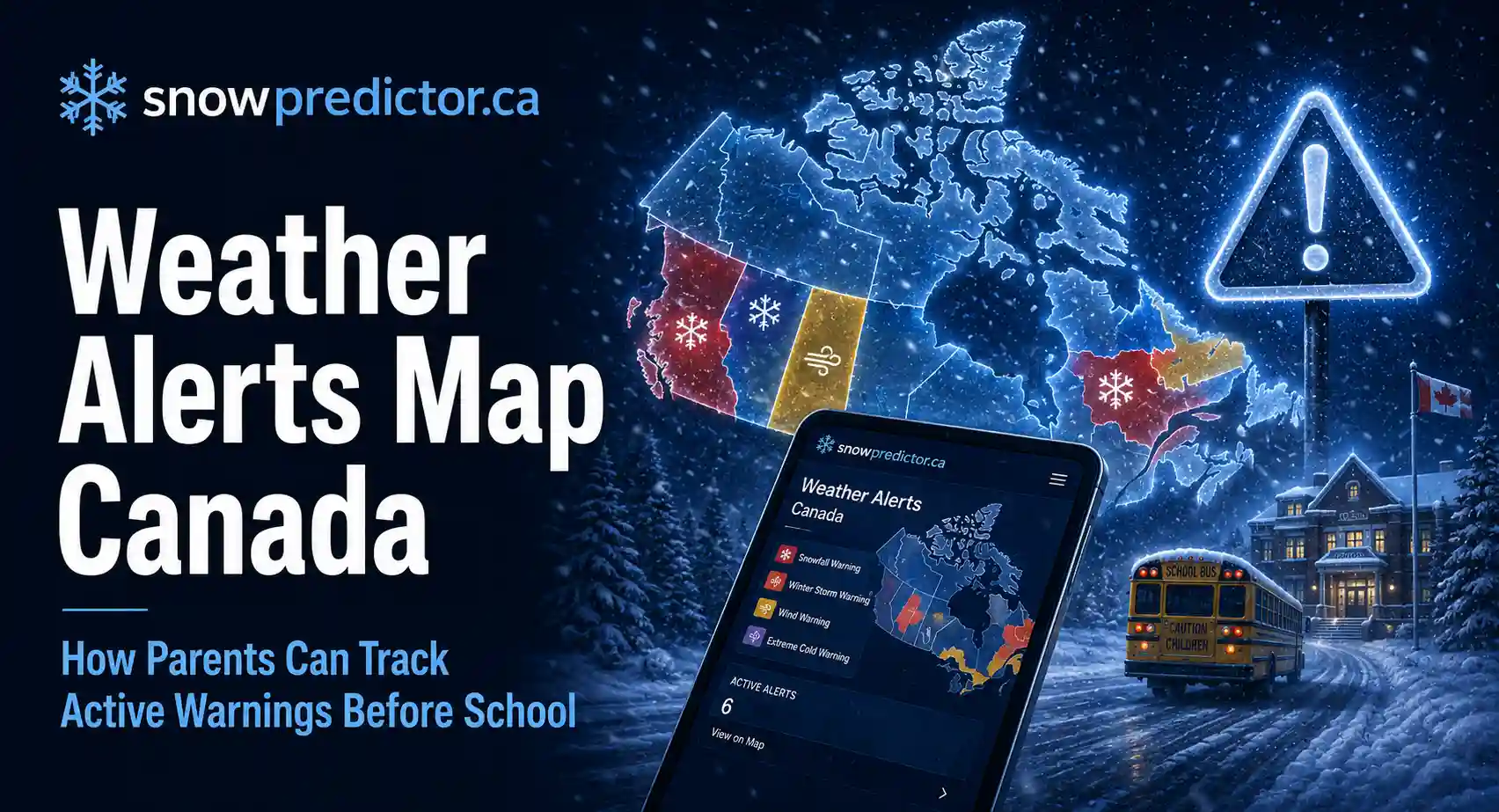 Weather alerts map Canada showing active winter warnings, school bus travel, Canadian weather alert zones, and school closure planning before school.