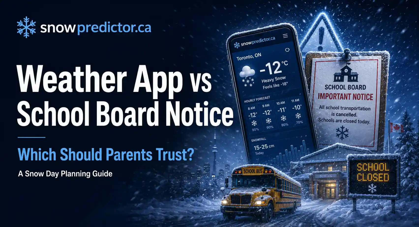 Weather app vs school board notice for Canadian snow days, showing a weather forecast, school closure notice, school bus, and snowy road conditions.