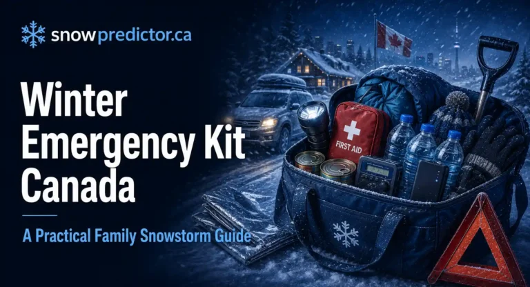 Winter emergency kit Canada with first aid supplies, water, flashlight, radio, warm clothing, shovel, and snowy roadside conditions.