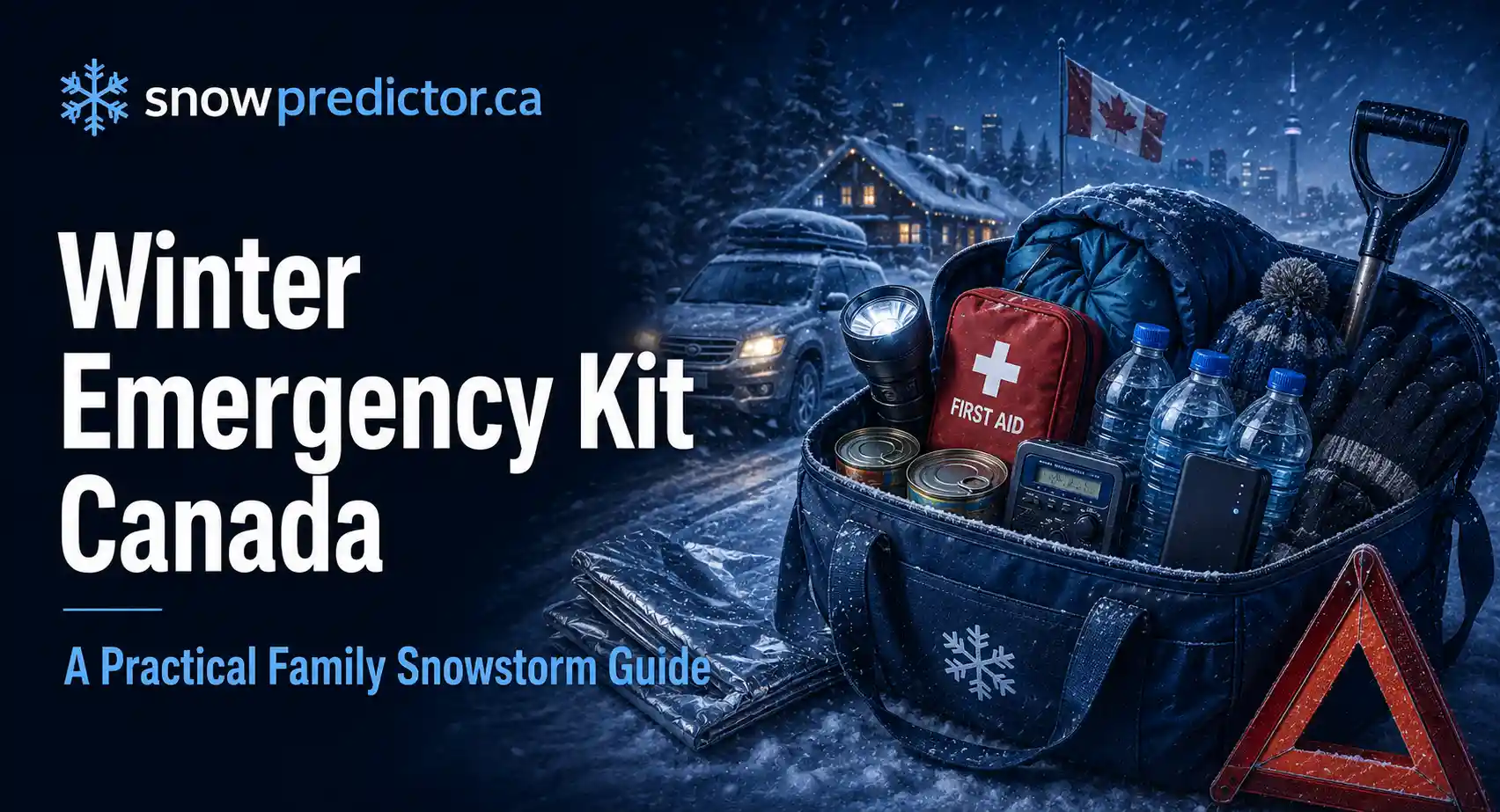 Winter emergency kit Canada with first aid supplies, water, flashlight, radio, warm clothing, shovel, and snowy roadside conditions.
