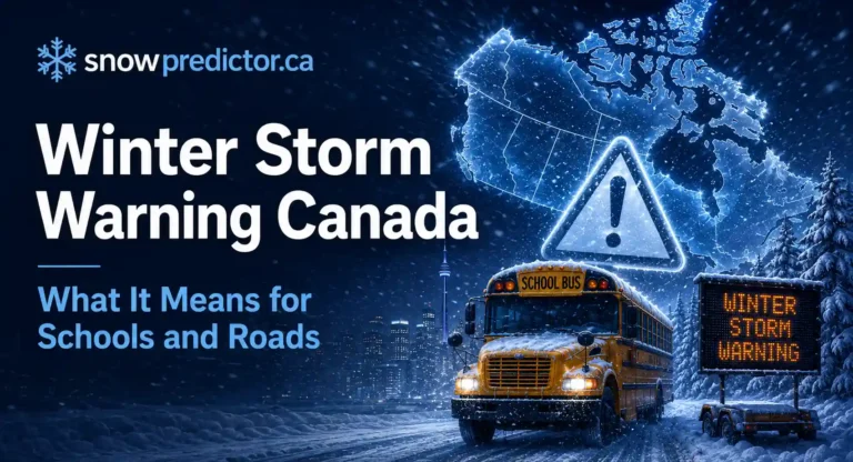 Winter storm warning Canada graphic with a school bus, warning sign, Canada map, and snowy road conditions affecting schools and travel.