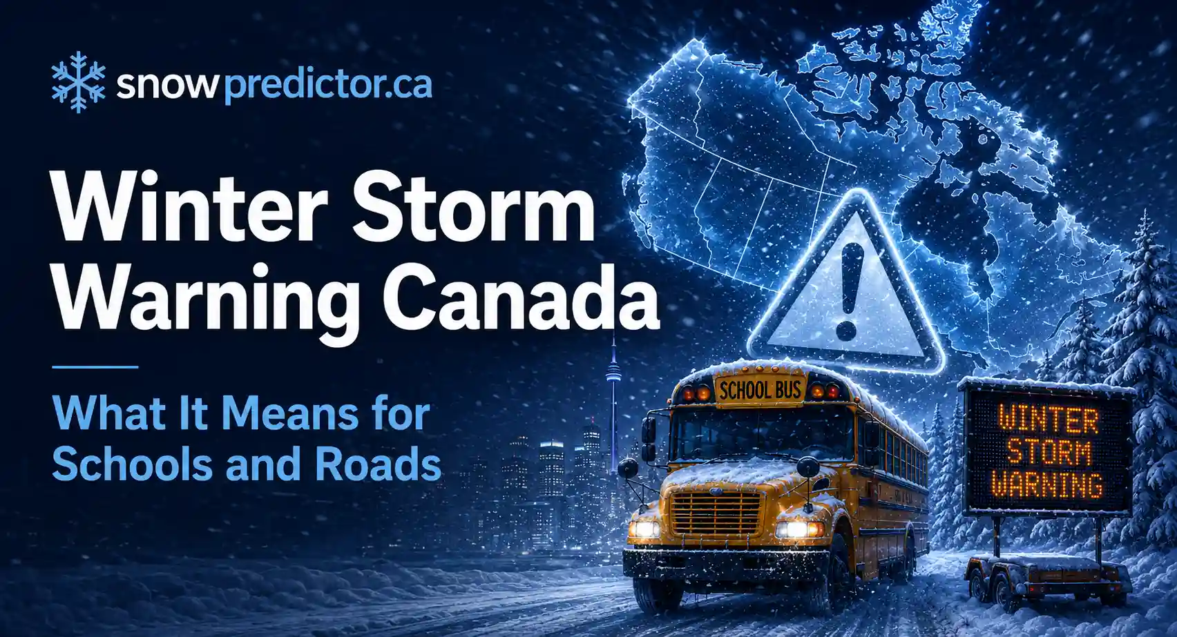Winter storm warning Canada graphic with a school bus, warning sign, Canada map, and snowy road conditions affecting schools and travel.