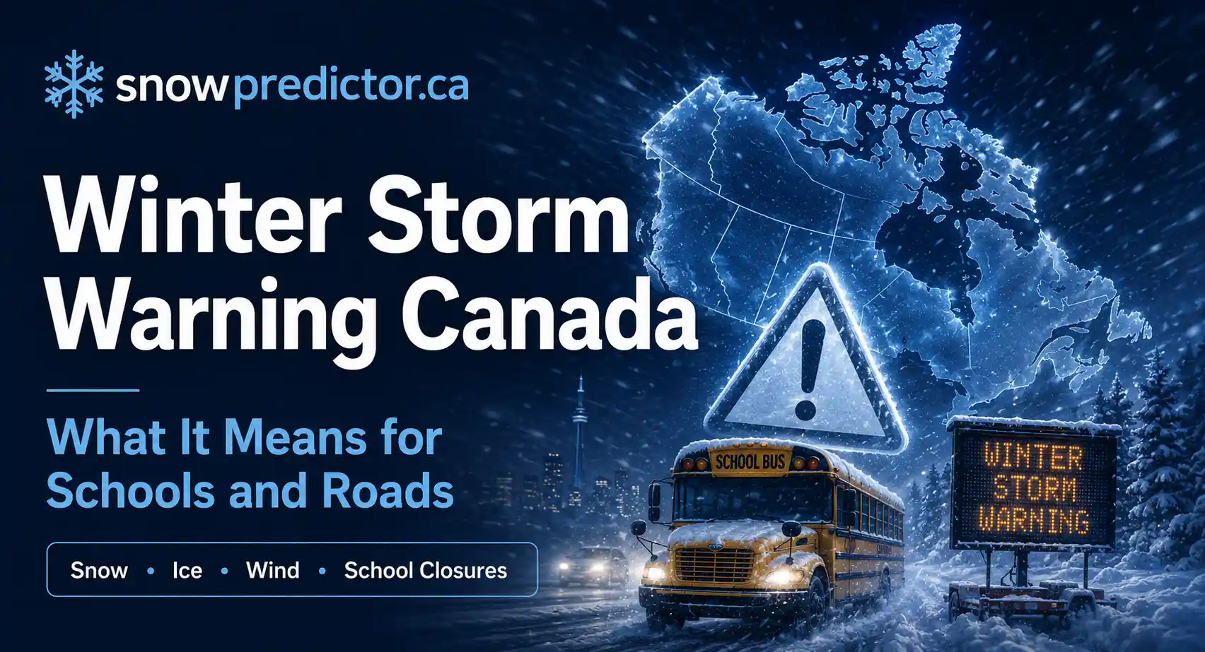 Winter storm warning Canada guide showing snow, ice, wind, school closures, a school bus, warning sign, and snowy road conditions.