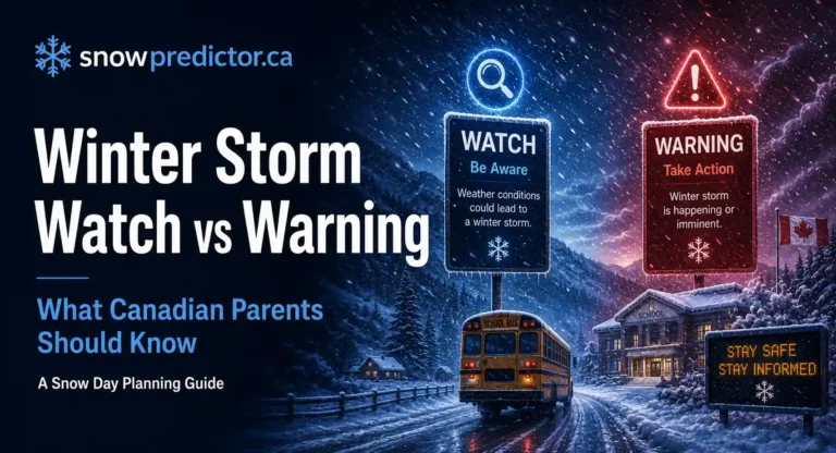 Winter storm watch vs warning in Canada with school bus, snowy road, watch and warning signs, and winter school safety guidance for parents.