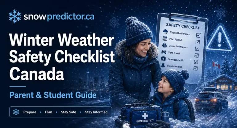 Winter weather safety checklist Canada guide for parents and students with winter clothing, emergency kit, school safety checklist, and snowy travel conditions.