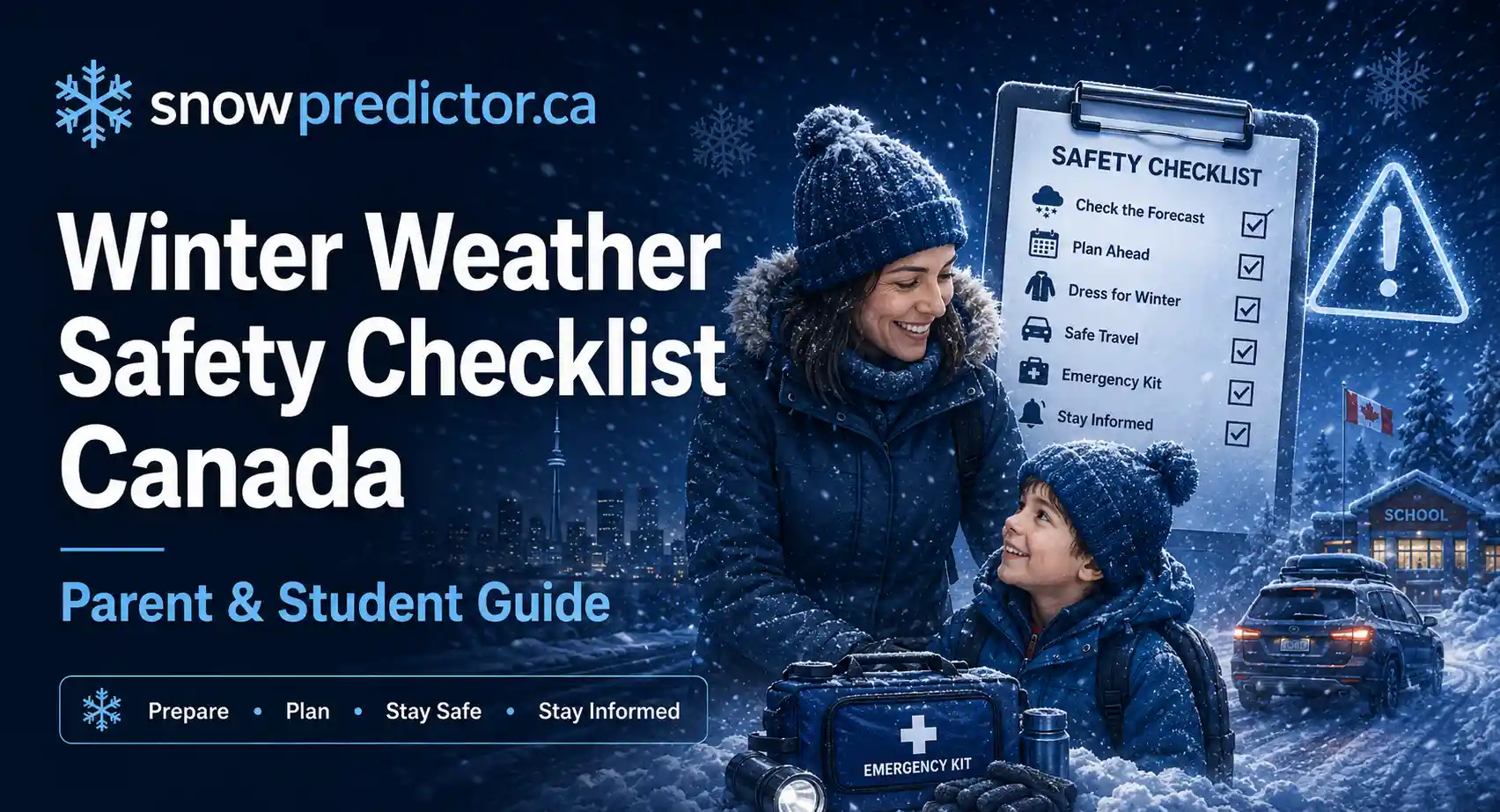 Winter weather safety checklist Canada guide for parents and students with winter clothing, emergency kit, school safety checklist, and snowy travel conditions.