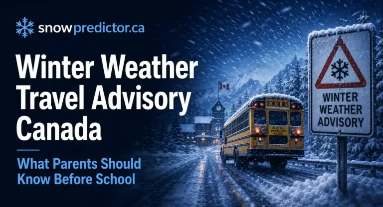 Winter weather travel advisory in Canada with a school bus on snowy roads, winter warning sign, and hazardous school travel conditions for parents.