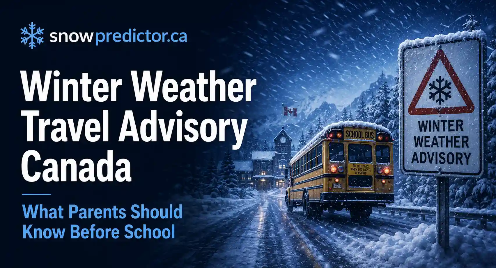 Winter weather travel advisory in Canada with a school bus on snowy roads, winter warning sign, and hazardous school travel conditions for parents.