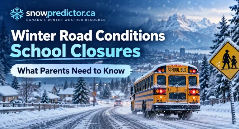 Snow-covered Canadian road with a school bus and snowplow showing winter road conditions affecting school closures in Canada.